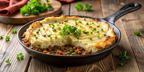 A rustic cast iron skillet brimming with a comforting homemade shepherd's pie, topped with a golden brown mashed potato crust and a scattering of fresh parsley, shepherds pie