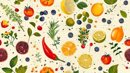 Wall Mural - Colorful and vibrant pattern of fruits, vegetables, and herbs on a light background. Watercolor style illustration perfect for kitchen decor, recipe books, and food blogs. AI