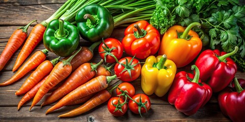 Wall Mural - A vibrant display of fresh vegetables, including bright green bell peppers, red tomatoes, and vibrant orange carrots, arranged on a wooden table, ready for cooking, vegetables, food