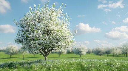 Wall Mural - white blooming tree in a green meadow first blooming tree of the year : generative ai
