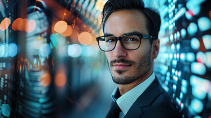 Wall Mural - Portrait of a handsome businessman in a suit and glasses standing against a digital data background