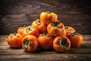 Wall Mural - A cluster of glistening, orange persimmons, their skin taut and smooth, rests on a dark, rustic wooden surface, the texture of the wood creating a dramatic contrast with the vibrant fruit