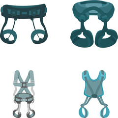 Poster - Collection of four vector illustrations showcasing different styles of climbing harnesses on a white background