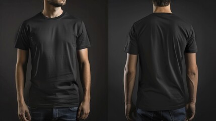 Person In Black Shirt. Front and Back View of Young Male Model in Blank T-Shirt for Branding or Print Advertising