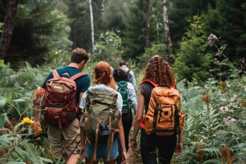 walking countryside - group of friends hiking in forest adventure