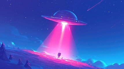 Sticker - A vibrant cartoon rendering image features a cartoon UFO beaming light against a dark backdrop