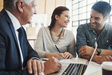Poster - Consulting, couple and mature financial advisor with laptop for discussion, insurance plan or investment in office. Help, notebook and man broker with people for meeting, loan application or writing