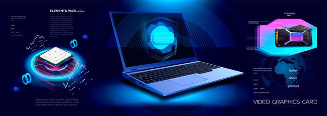 Poster - futuristic cyber banner with open laptop and computer components. processor, video card and laptop w
