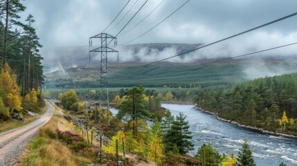 Wall Mural - high-voltage line tracing its path along a serene river in the Scottish wilderness, framed by lush green trees and majestic mountains in the distance