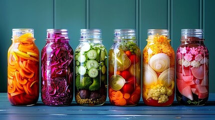 A vibrant collection of assorted fermented foods displayed in clear glass jars, featuring a colorful array of textures and hues from vegetables and fruits, symbolizing healthy probiotic rich cuisine