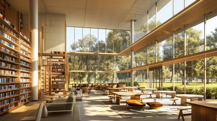 Wall Mural - A wide angle view of a modern library with high ceilings, large windows, and wall-to-wall bookshelves