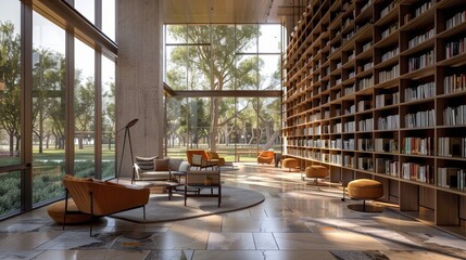 Wall Mural - A wide angle view of a modern library with high ceilings, large windows, and wall-to-wall bookshelves