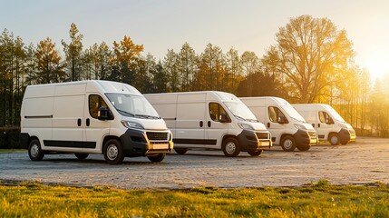 Several cars vans trucks parked in parking lot for rent delivery white vans in service van truck front of entrance of warehouse distribution logistic society