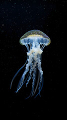 Wall Mural - Vertical view of beautiful single jellyfish in the dark water