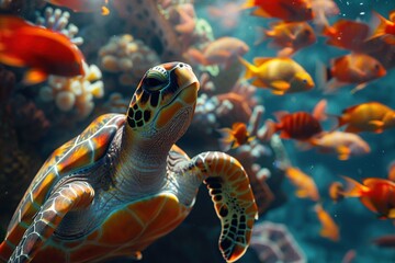 Wall Mural - Sea turtle in the coral reef surrounded by many fish. Ai generative