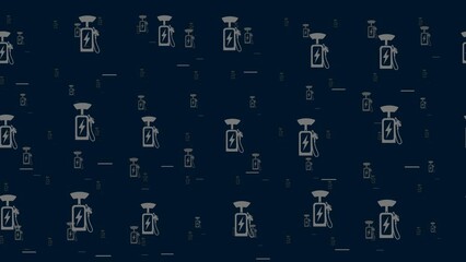 Poster - Electric charging station symbols float horizontally from left to right. Parallax fly effect. Floating symbols are located randomly. Seamless looped 4k animation on dark blue background