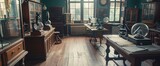 A historical science classroom with old microscopes, anatomical models, and students conducting experiments