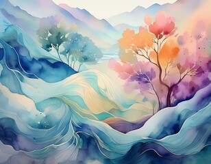 Wall Mural - soothing watercolor textures wash over abstract backgrounds, serene calm and tranquility concept