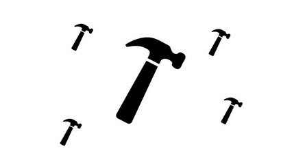 Poster - Zoom in and out animation the hammer symbol. Large black symbol in the center and four small symbols around. Seamless looped 4k animation on white background