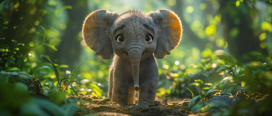 Wall Mural - Animated film script, a heartwarming tale of the baby elephant's journey to find its family, brimming with adventure, courage, and hope. The image was generated by AI