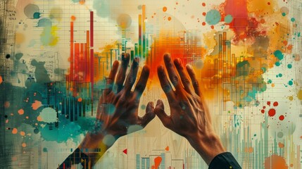 Wall Mural - Abstract collage of hands manipulating a vibrant strategy chart. 