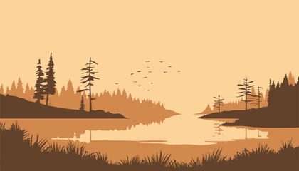 Silhouette of a lake in the forest. Vector illustration.