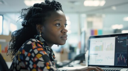 Wall Mural - Create a Kodak disposable camera portrait of a black female office worker working on a laptop at a desk in a modern office looking at graphs and dashboard on the screen, Use a Kodak Portra 800 film ca