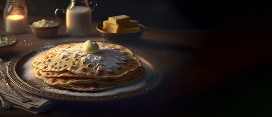 Wall Mural - Stack of fresh dessert pancakes sprinkled with powdered sugar and honey. AI generated.