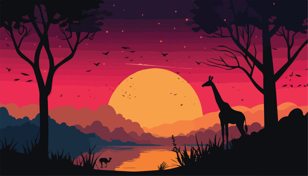 Giraffe in the jungle at sunset, vector illustration, flat style