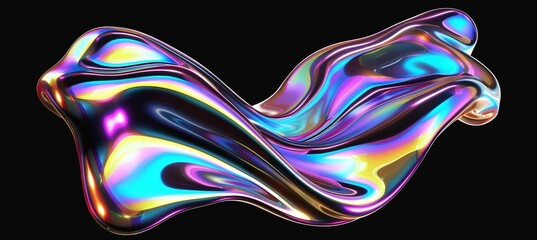 Wall Mural -  - A vibrant, holographic liquid blob, shaped organically, stands out against a stark black background. , The iridescent surface of the blob shimmers with a captivating wave-like pattern.