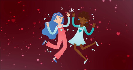 Canvas Print - Image of diverse cartoon girls over hearts floating on red background