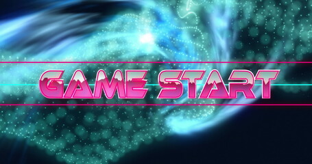 Poster - Image of game start text between lines over dots forming dynamic waves on black background