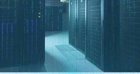 Poster - Image of data processing and light trails against computer server room