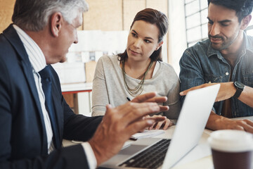 Poster - Meeting, couple and mature financial advisor with laptop for consulting, insurance plan or investment in office. Help, info and man broker with people for discussion, loan application or listening