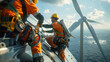 © Sawyer0 - Technicians carry out inspections and observations under a huge wind turbine at sea.