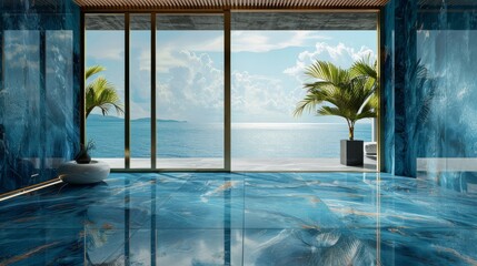 Wall Mural - create a blue marble slab floor on room with a sea view photorealistic 