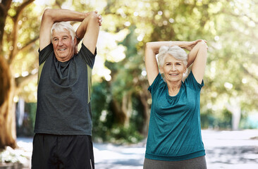 Poster - Park, stretching and senior couple with portrait, fitness and workout with sunshine, challenge and energy. Exercise, old man and mature woman with activity, wellness and cardio with health and nature