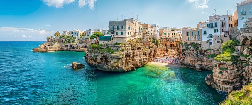  - Ideal for travel, tourism, and destination imagery. , Breathtaking cityscape of Polignano a Mare beach in Puglia, Italy.