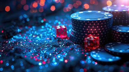 Wall Mural - Abstract background with elements of a casino, featuring a roulette wheel, dice, and chips in blue tones with copy space.
