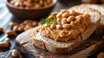 Hearty and traditional dish of baked beans on toast, a staple of home-cooking, served on a rustic wooden board