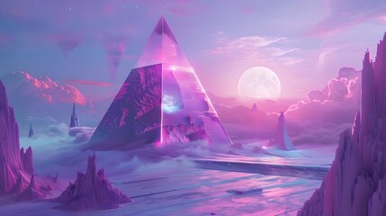 Poster - A colorful, surreal landscape. The sky is filled with clouds and the colors are vibrant and bright. The scene gives off a feeling of wonder and awe