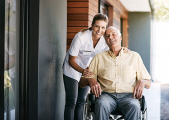 Wall Mural - Senior, man and caregiver portrait in wheelchair, person with disability and wellness care or health service employee. Retirement, nursing home and support or professional nurse happy with patient