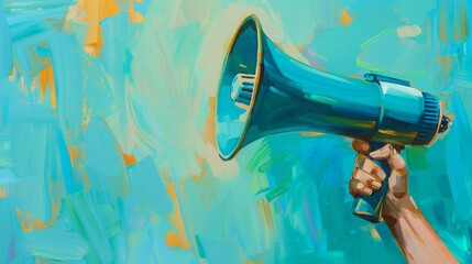 Vibrant artistic painting of a hand holding a megaphone against a colorful abstract background, symbolizing communication and expression.