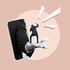 Canvas Print - A business hand showing a tiny businessman through a mobile phone screen