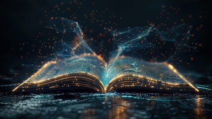 Wall Mural - Futuristic technology low polygonal glowing open book isolated on dark background