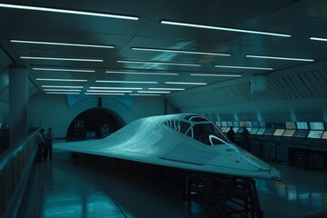 A white stealth aircraft sits in a wind tunnel facility. Engineers can be seen in the background.