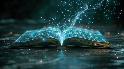 Wall Mural - Futuristic technology low polygonal glowing open book isolated on dark background