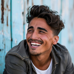 Wall Mural - Attractive laughing Latin man looking away during mid-day 