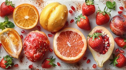citrus fruits, strawberries, and pomegranates arranged on a marble surface.