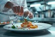 © radekcho - A gourmet chef plating a delicate seafood dish in a high-end restaurant kitchen, showcasing culinary art and attention to detail.